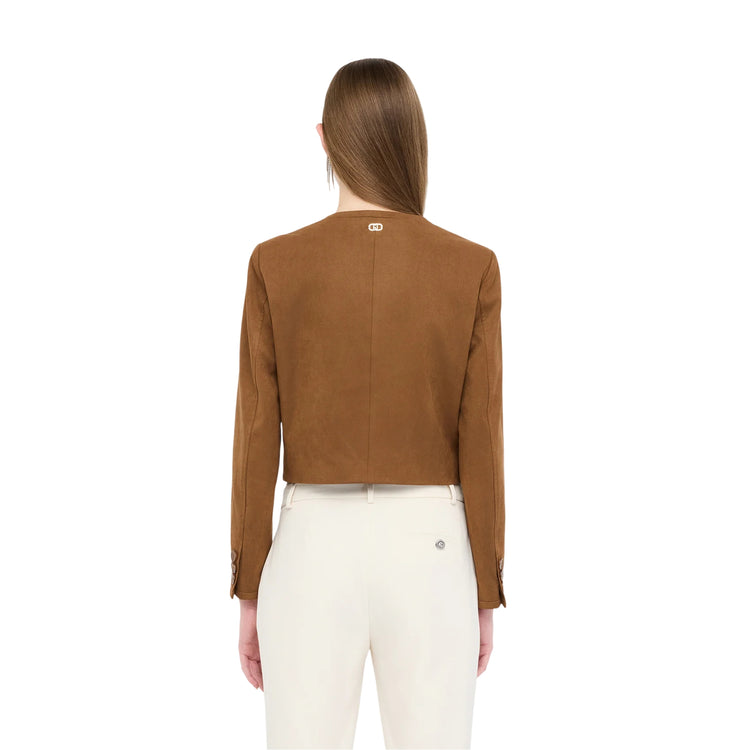 Giacca Donna effetto camoscio marrone modella retro