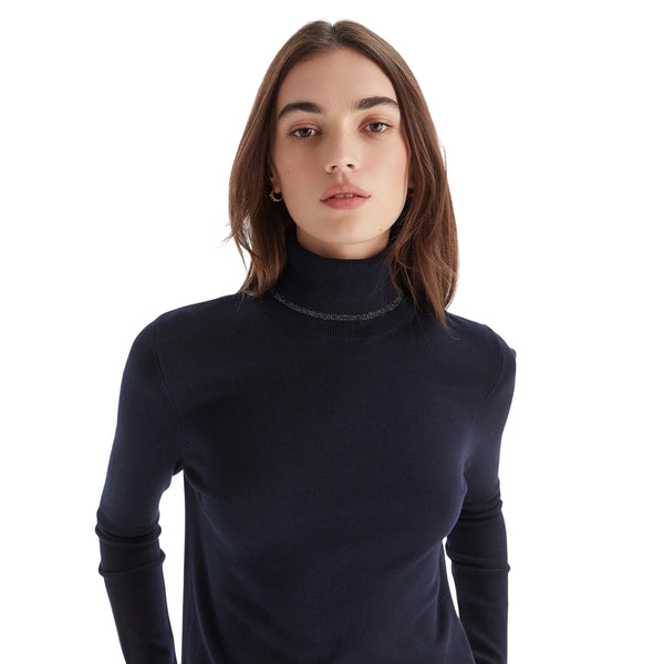 Dolcevita Donna dettagli lurex Blu scuro modella frontale ravvicinata