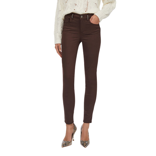 Pantaloni Donna Skinny Marrone con pietre modella frontale