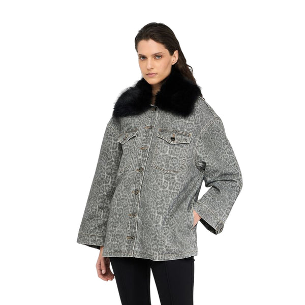 Giubbino Donna animalier con colletto in pelliccia modella frontale