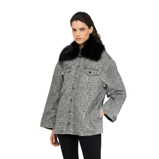 Giubbino Donna animalier con colletto in pelliccia modella frontale