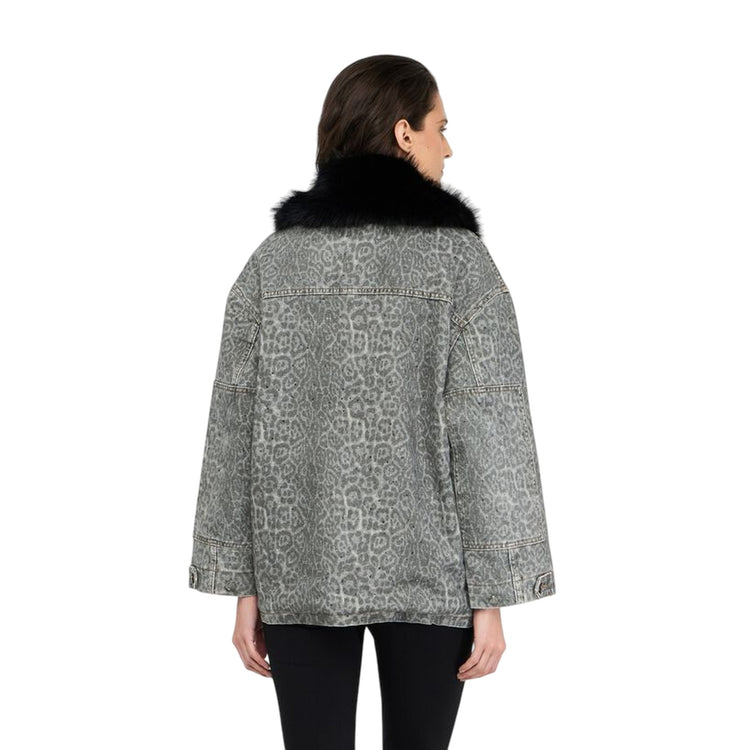 Giubbino Donna animalier con colletto in pelliccia modella retro