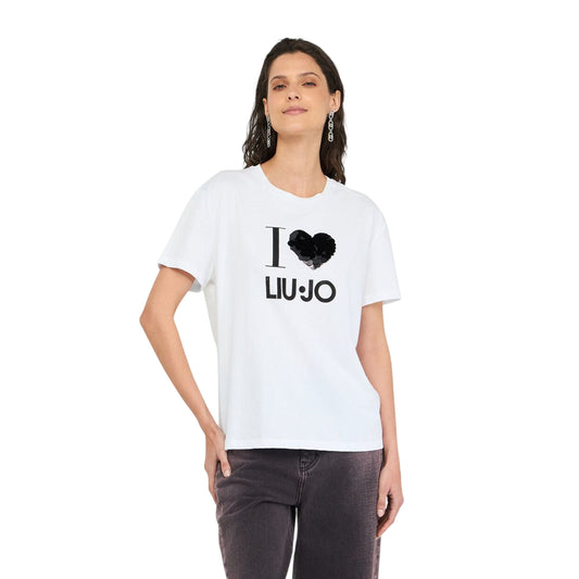 T-shirt Donna Bianca con paillettes grande applicate modella frontale