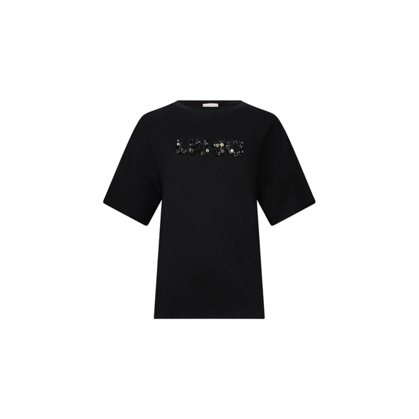 T-shirt Donna in nero con logo con strass e paillettes