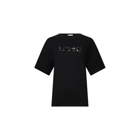 T-shirt Donna in nero con logo con strass e paillettes