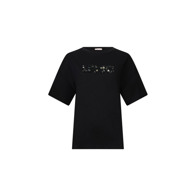 T-shirt Donna in nero con logo con strass e paillettes