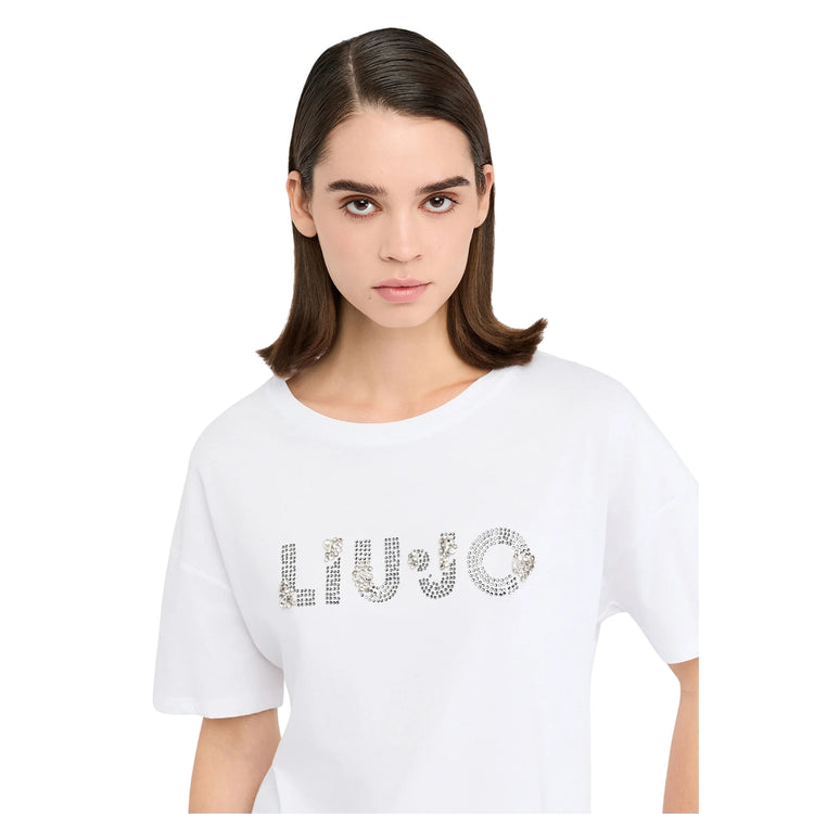 T-shirt Donna in bianco con logo con strass e pietre modella frontale ravvicinata