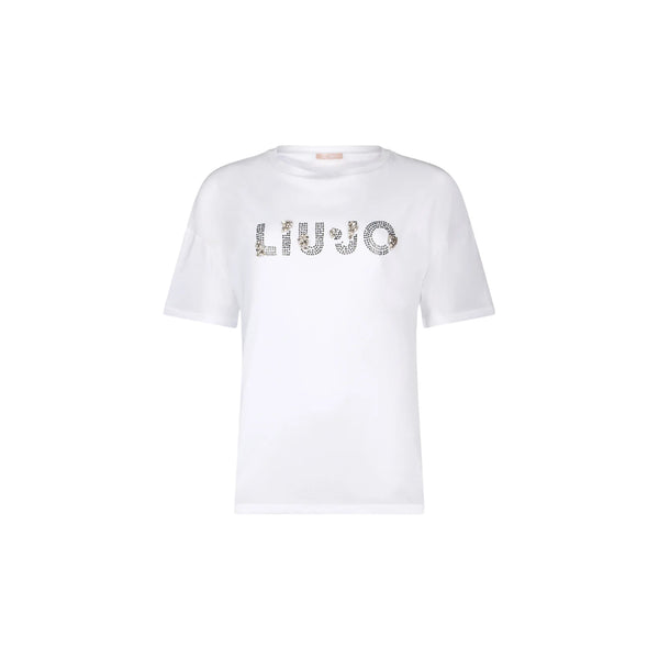 T-shirt Donna in bianco con logo con strass e pietre