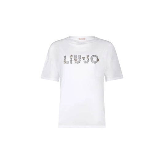 T-shirt Donna in bianco con logo con strass e pietre