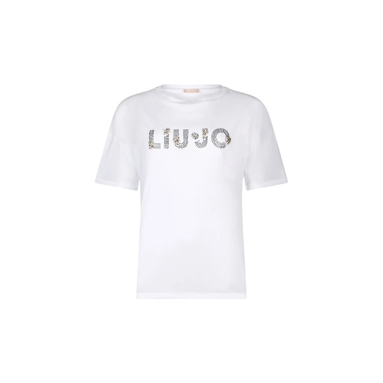 T-shirt Donna in bianco con logo con strass e pietre