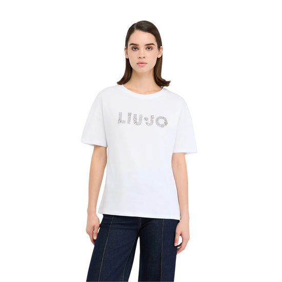 T-shirt Donna in bianco con logo con strass e pietre modella frontale