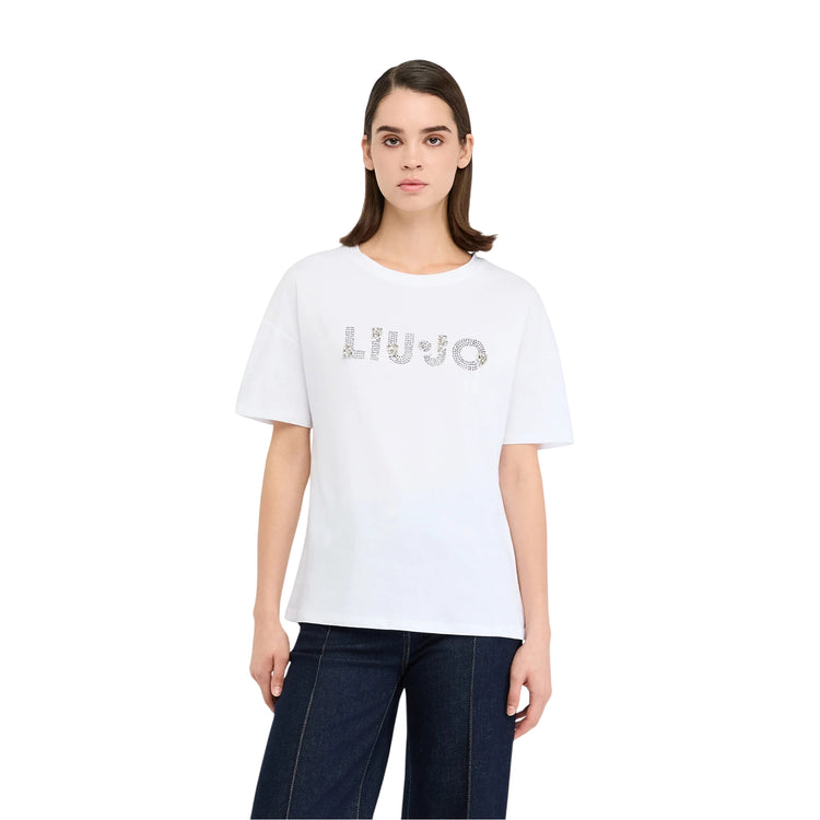 T-shirt Donna in bianco con logo con strass e pietre modella frontale
