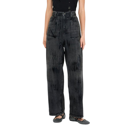 Jeans Donna flare con spalmature Nero modella frontale