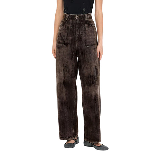 Jeans Donna flare con spalmature Marrone modella frontale