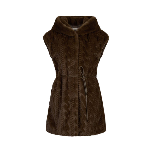 Gilet Donna in pelliccia marrone con cappuccio