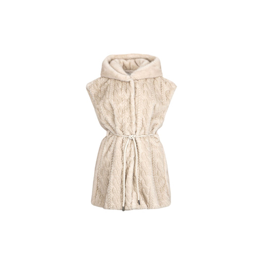 Gilet Donna in pelliccia beige con cappuccio