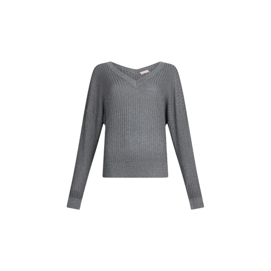 Maglia Donna a coste con scollo a V Grigio