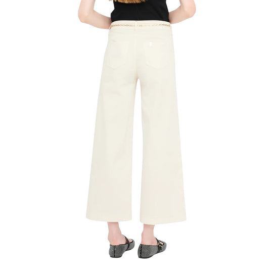 Pantaloni Donna flare cropped Beige chiaro modella retro