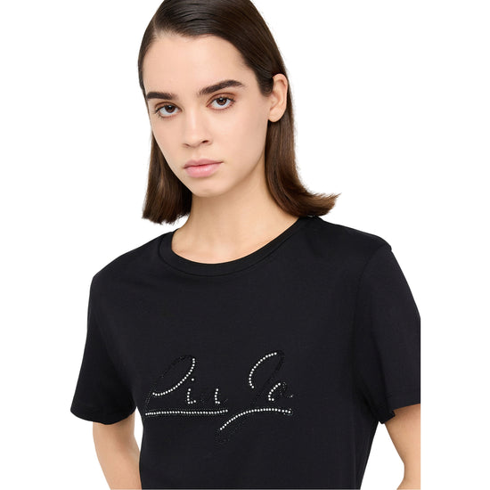 T-shirt Donna Nero con stampa e strass modella ravvicinata