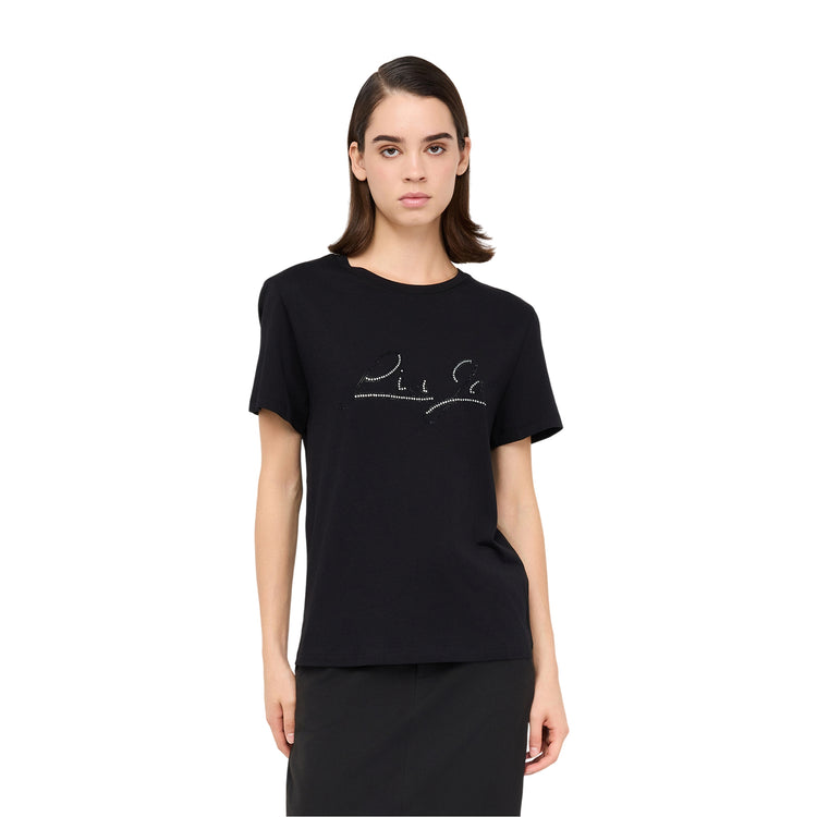 T-shirt Donna Nero con stampa e strass modella frontale