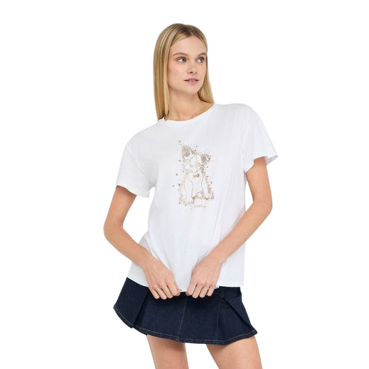 T-shirt Donna con grafica cane con strass Bianco modella frontale