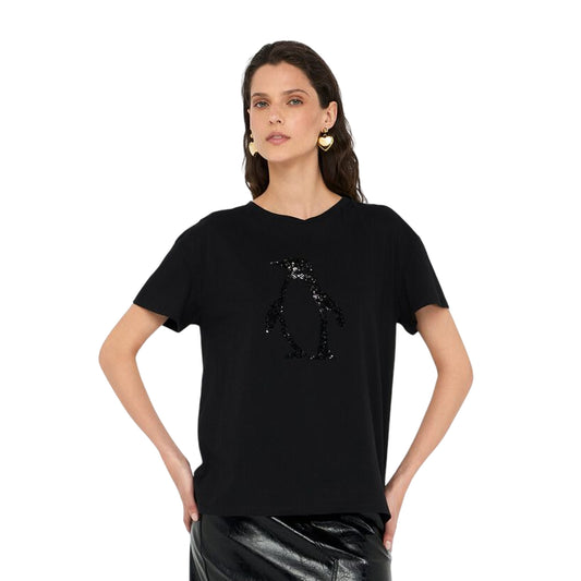T-shirt Donna con grafica pinguino con paillettes Nero modella frontale