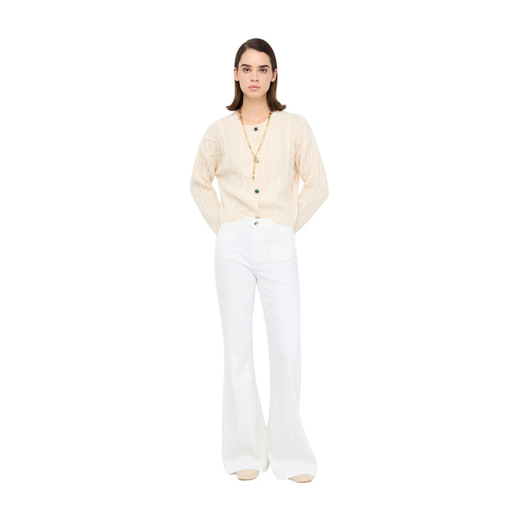 Cardigan Donna in lana Beige con bottoni gioiello modella intera frontale