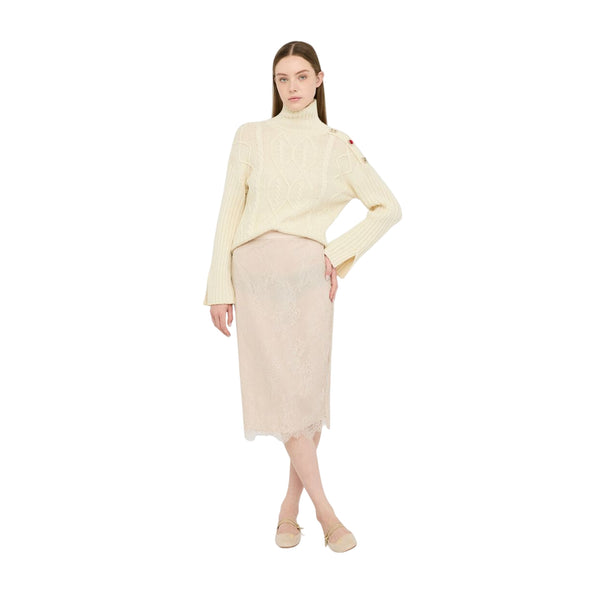 Dolcevita Donna in lana con bottoni gioiello Beige modella intera frontale