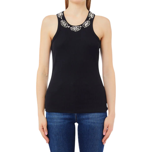 Top Donna con applicazioni gioiello Nero modella frontale