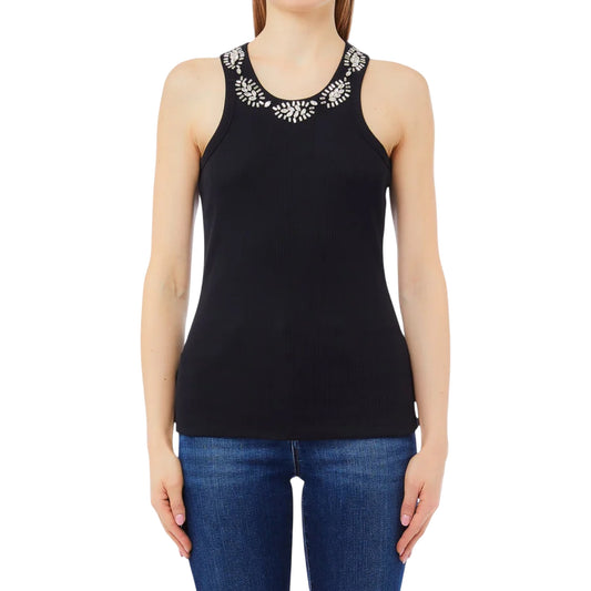 Top Donna con applicazioni gioiello Nero modella frontale