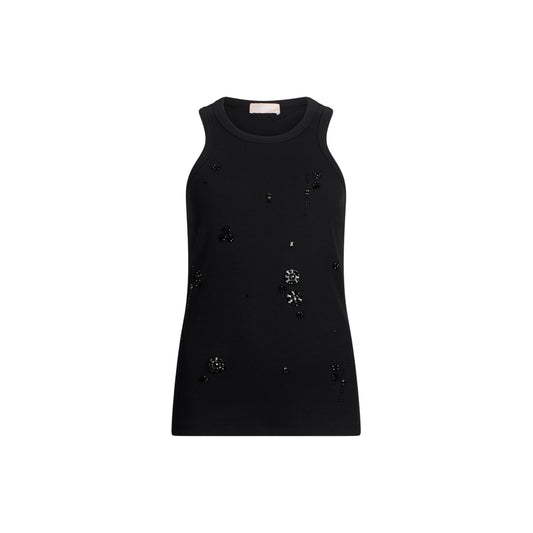 Top Donna Nero, lavorato a costine, con applicazioni frontali