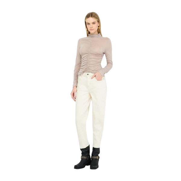Top Donna arricciato in misto lana Beige modella intera frontale