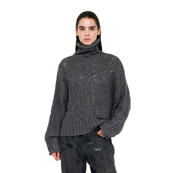 Dolcevita Donna grigio con pietre gioiello davanti modella frontale