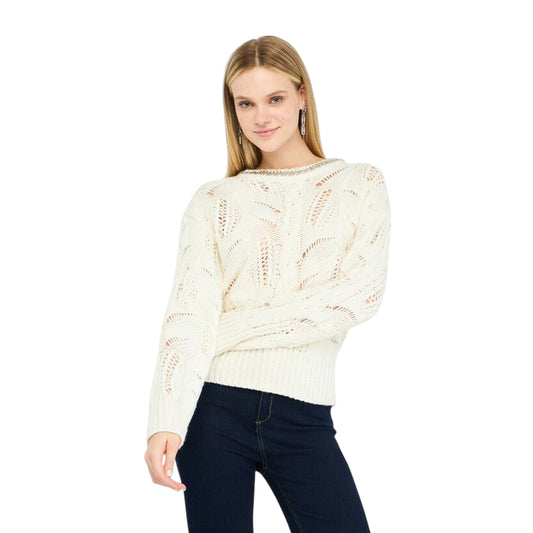 Maglione Donna traforato con gioiello al collo Bianco modella frontale