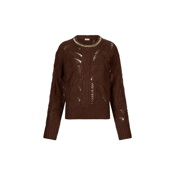 Maglione Donna traforato con gioiello al collo Marrone