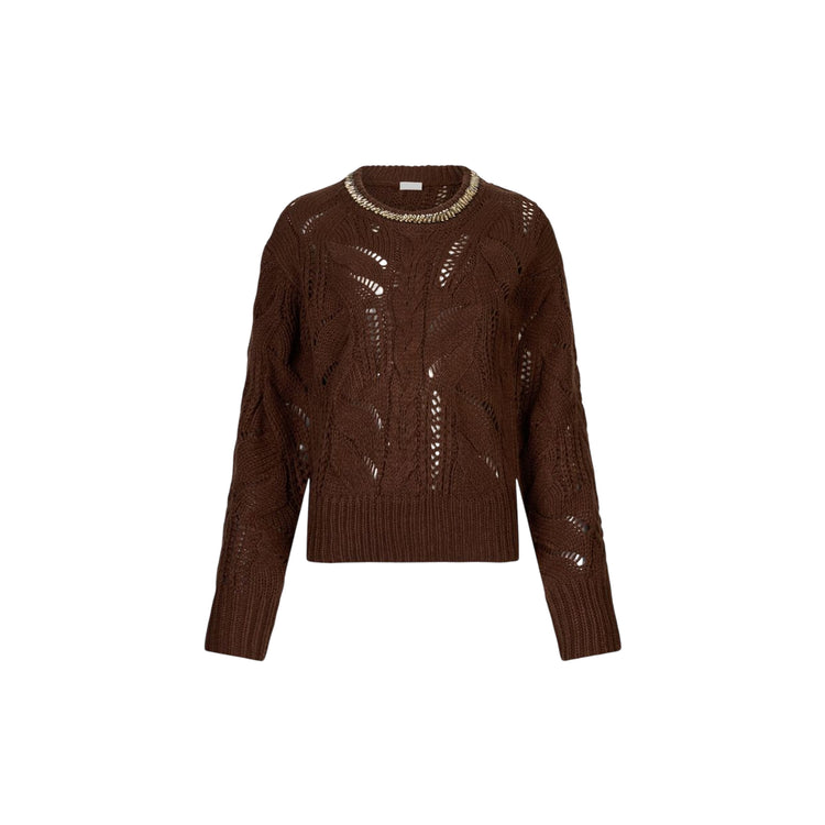 Maglione Donna traforato con gioiello al collo Marrone