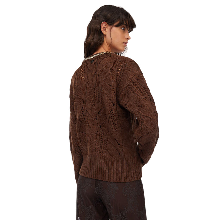 Maglione Donna traforato con gioiello al collo Marrone modella retro