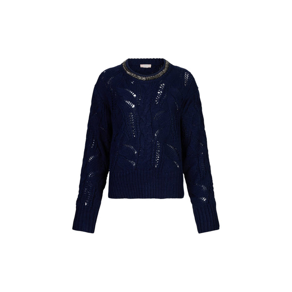 Maglione Donna traforato con gioiello al collo Blu