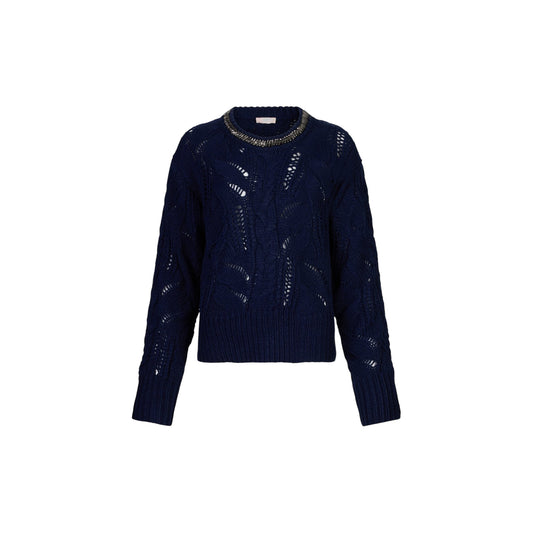 Maglione Donna traforato con gioiello al collo Blu