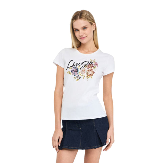 T-shirt Donna con stampa floreale, strass, logo modella frontale