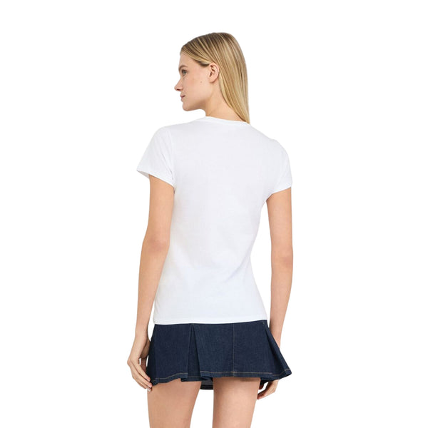 T-shirt Donna con stampa floreale, strass, logo modella retro