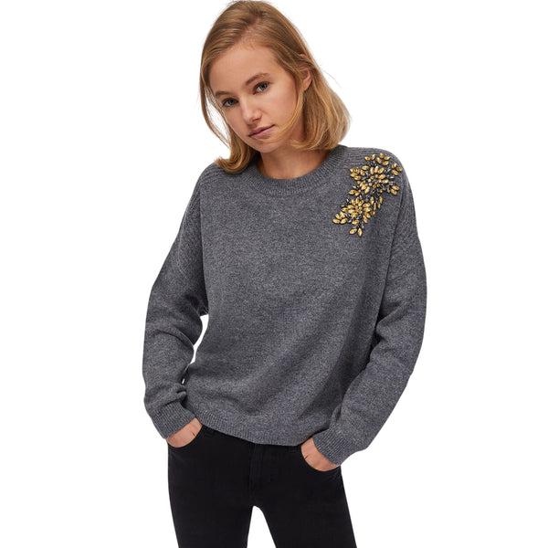 Maglia Donna in lana grigia con ricamo gioiello modella frontale