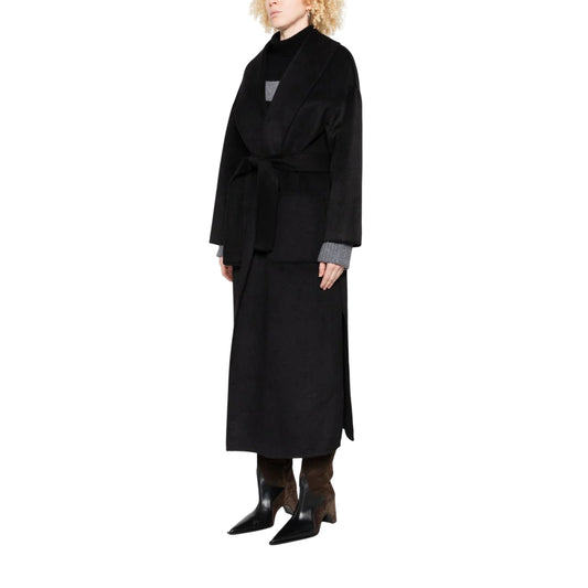 Cappotto lungo Donna con cintura sur ton Nero modella