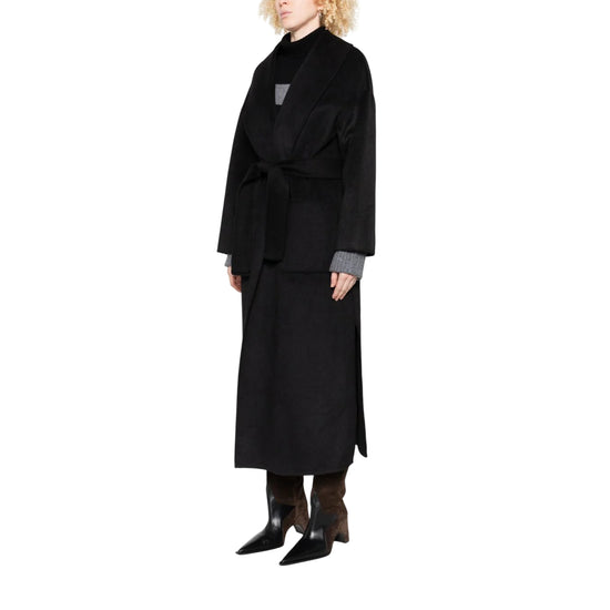 Cappotto lungo Donna con cintura sur ton Nero modella