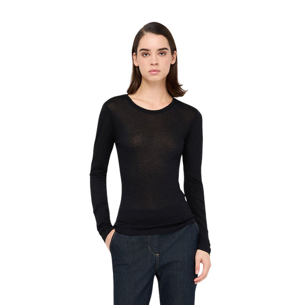 T-shirt Donna a maniche lunghe tinta unita nera modella frontale