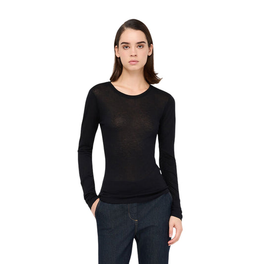 T-shirt Donna a maniche lunghe tinta unita nera modella frontale