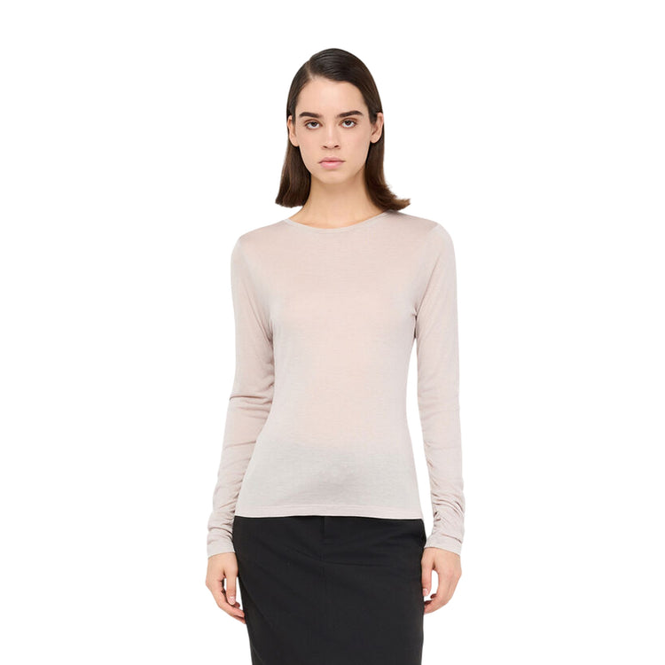 T-shirt Donna a maniche lunghe tinta unita beige modella frontale