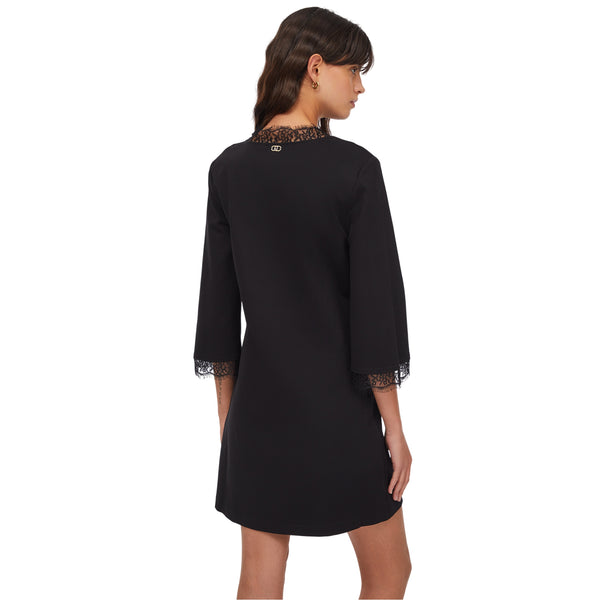 Abito corto Donna con dettagli in pizzo Nero modella retro