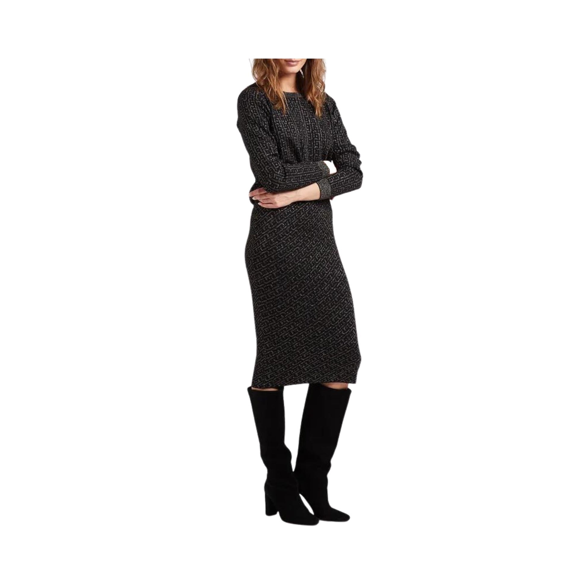 foto modella integrale laterale maglia donna nera e grigia con lavorazione a maglia Liu Jo