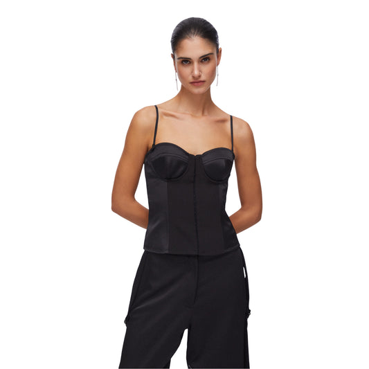 Top Bustiera Donna in raso nero modella frontale